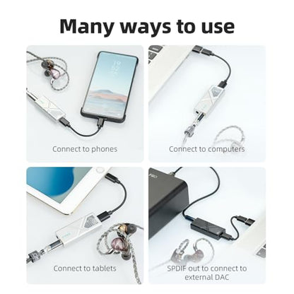 FiiO/JadeAudio KA13 Portable DAC Dongle, USB-C Adapter, 3.5mm and 4.4mm Outputs Compatible with Android/iOS System/PC/Music Players, PCM 384kHz/32bit | DSD256 550mW high Power (Silver) - color: Silver