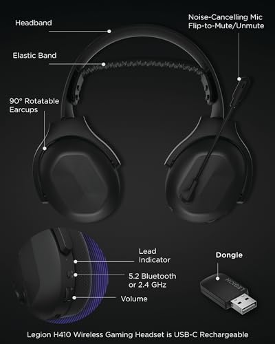 Lenovo Legion H410 Wireless Gaming Headset, Bluetooth or 2.4 GHz USB-A Connection, Lightweight (304 Grams), Adjustable Headband, Flip to Mute Mic, Black - style: H410