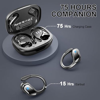 Wireless Earbuds, Sport Bluetooth 5.4 Headphones 2026 New Bluetooth Earbuds with 75Hrs Stereo, 4 ENC Mic, Noise Canceling Over-Ear Buds with Earhooks, IP7 Waterproof Earphones for Workout/Running/Gym - color: A-Black
