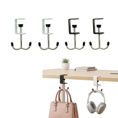4 Pack Adjustable Under Desk Hooks, Universal Bag Hanger Fits Most Table Thickness, 100LB Capacity Heavy-Duty Dual Hook for Purse, Backpack, Office Home - color: Black & White
