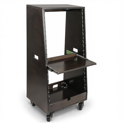 Sound Town DIY Slanted 20U Studio Rack (12U Top + 8U Lower) with 2U Bottom Storage, Slide-Out Tray, Casters, for Home Studio and Recording Room, Birch Plywood, Black Espresso (SDRK-ST20TD) - size: 20u(12u Top + 8u Lower),Black Espresso