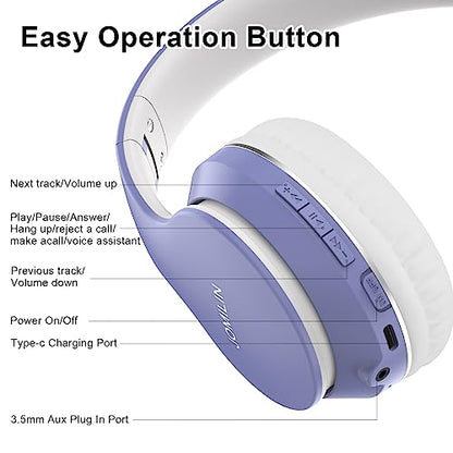 JOMILIN B9 Wireless Headphones Over-Ear, 60 Hours Playtime Lightweight Folding Hi-fi Stereo Bass Bluetooth Headset with Mic, Volume Control Headphones for iPad/Travel/Tablet/PC (Purple) - color: Purple