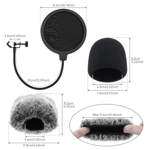 3 in 1 Microphone Windscreen Pop Filter Set Compatible with Blue Yeti,Yet-i Pro,Yet-i Nano Mic Windscreen Foam Cover Furry Dead Cat Dual Layered Noise Reduction Windshield
