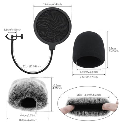 3 in 1 Microphone Windscreen Pop Filter Set Compatible with Blue Yeti,Yet-i Pro,Yet-i Nano Mic Windscreen Foam Cover Furry Dead Cat Dual Layered Noise Reduction Windshield