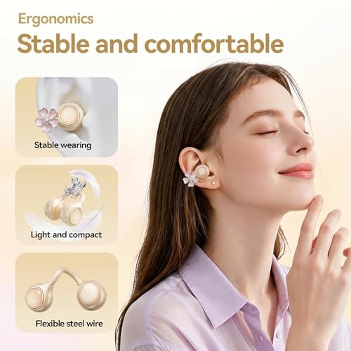 Open Ear Wireless Earbuds for Women with Makeup Mirror Charging Case, Clip-on Bluetooth 6.0 Headphones with Spatial Audio, Includes Flower & Butterfly Earrings, Long Battery Life - color: Cream White