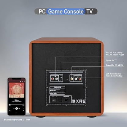 2.1 Computer Speakers with Subwoofer, 100W RMS, Bluetooth 5.3, Brown | A 6.5-inch subwoofer, wood cabinets and silk dome tweeters. AUX/RCA, optical and coaxial inputs for PCs, TVs and turntables. - color: Brown