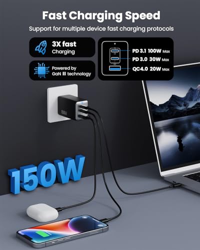 150W USB C Charger Block,GaN III Compact Foldable Wall Charger 3 Port Fast Charging Station,PD QC PPS Portable USB C Hub 100W Laptop Adapter for MacBook Pro/Air,iPad,iPhone 17/Pro,Galaxy S24,Dell etc - color: Black