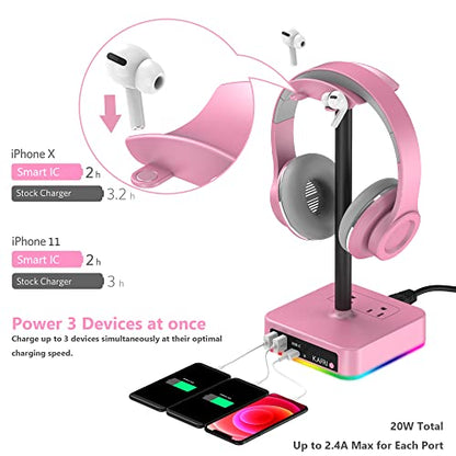 KAFRI RGB Headphone Stand with USB Charger Desk Gaming Headset Holder Hanger Rack with 3 USB Charging Port and 2 Outlet - Suitable for Gamer Desktop Table Game Earphone Accessories Girlfriend Gift - color: Pink