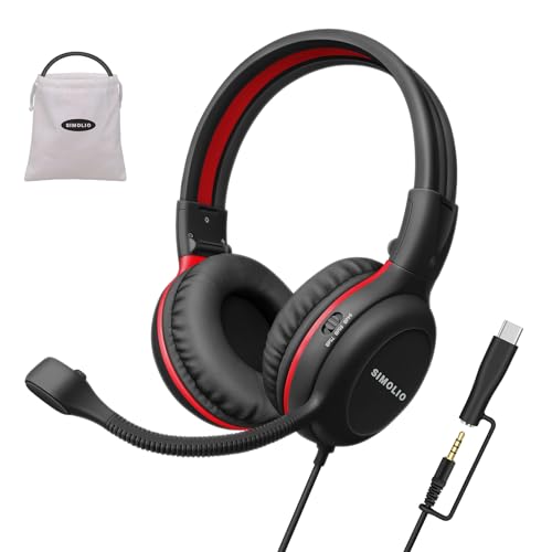 SIMOLIO-USB-C Wired-Kids-Headphones for-School with Boom-Mic & Volume Limit | Durable Over-Ear Headsets with Mute Button,Pouch,Adjustable Headband for E-Learning,Travel,iPad,iPhone,Tablet,Galaxy,MacBook - color: Graphite Black USB C & 3.5mm