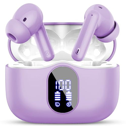 Wireless Earbuds, Bluetooth 5.4 Headphones Bass Stereo/Clear Calls, Purple | Ear Buds with Noise Cancelling Mic LED Display in Ear Earphones IP7 Waterproof 36H Bluetooth Earbuds for Phones/Sport/Laptop - color: Purple