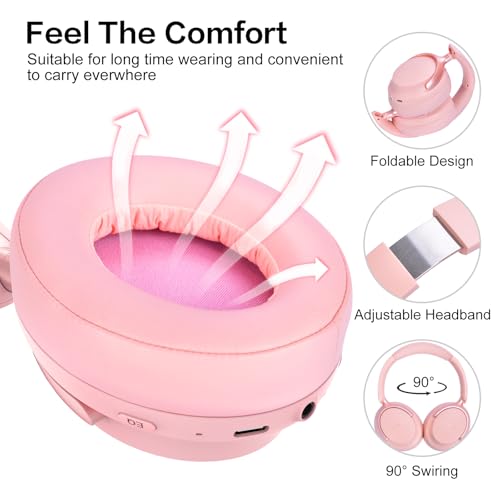 B8 Bluetooth Headphones Over Ear, 6 EQ Music Modes and 50H Playtime Deep Bass Wireless Headphones with Mic, Lightweight Folding HiFi Stereo Headset for iPad/Travel/Tablet/PC/Home Pink - color: Pink