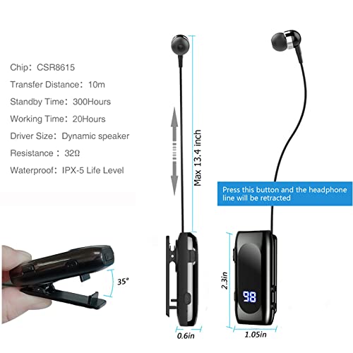 Retractable Wireless Headset Headphone Stereo Earphone V5.0 Noise Cancelling Mic Clip on Earpiece Comfortable HandsFree Headset 20Hrs Talking Time Sports Business Trucker Driver Earbud - color: Light Gray