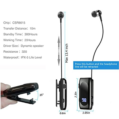 Retractable Wireless Headset Headphone Stereo Earphone V5.0 Noise Cancelling Mic Clip on Earpiece Comfortable HandsFree Headset 20Hrs Talking Time Sports Business Trucker Driver Earbud - color: Light Gray