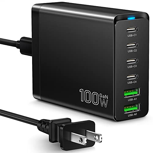 Fast USB C Charging Station, Total 100W 6-Port Charger Block | 4 USB-C and 2 USB-A Ports Quick 3.0 Adapter Work for iPhone 16 15 14 13 Pro Max, iPad, Galaxy, Pixel Portable Multiport Hub - color: Black