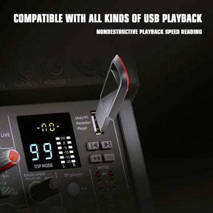 8-Channel Audio Mixer with 99 DSP Effects and 48V Phantom Power | DJ sound board mixer with Bluetooth, USB, XLR input, and stereo mixing for karaoke, studio, PC recording, and live use.