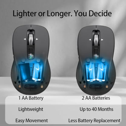 CITLLA Wireless Bluetooth Mouse (USB + BT1 + BT2), Full Size Mouse, 4-Way Scrolling, Multi-Device Silent for Computer, Laptop, iPad, MacBook (Grey) - color: Grey