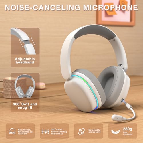 AULA G7 Pro Wireless Gaming Headset with 7.1 Surround Sound, 40mm Driver, BT5.3 Gaming Headphones with Mic, RGB, 10ms Latency, 65H Battery, PC Gaming Headset for PS5,PS4, Switch,PC,Wired Mode for Xbox - color: White