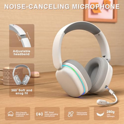 AULA G7 Pro Wireless Gaming Headset with 7.1 Surround Sound, 40mm Driver, BT5.3 Gaming Headphones with Mic, RGB, 10ms Latency, 65H Battery, PC Gaming Headset for PS5,PS4, Switch,PC,Wired Mode for Xbox - color: White