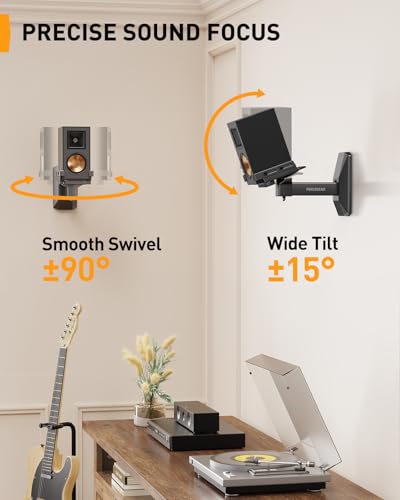 Perlegear Speaker Wall Mounts, Bookshelf Speaker Mounting Brackets with Dual Side Stable Clamp Design, Wide Tilt & Swivel Shelf for Large Surrounding Sound Speakers, Up to 55 lbs, 1 Pair
