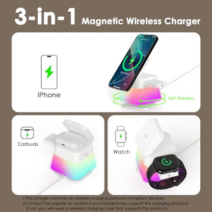 Minthouz 3 in 1 Charging Station for iPhone, Wireless Charger for Apple, MagSafe Charger with Night Light, 360° Rotation, Compatible with iPhone 16, 15, 14, 13, 12 Pro, Apple Watch & AirPods Pro 4/3/2