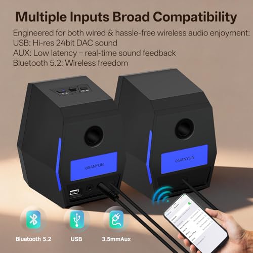 Sanyun SW209 36W 2.0 Gaming Speakers, Tactical Audio Map with 3 DSP Modes | Game/Movie/Music, 24bit DAC, USB-C/Bluetooth 5.2/AUX, 2.75" Glass Fiber Drivers & 18mm Silk Dome, RGB Lighting (Pair, Black) - color: SW209 Black