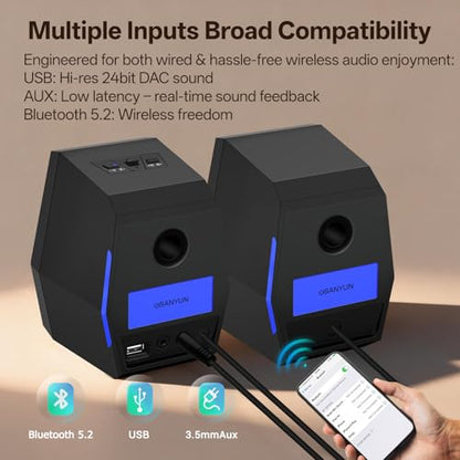 Sanyun SW209 36W 2.0 Gaming Speakers, Tactical Audio Map with 3 DSP Modes | Game/Movie/Music, 24bit DAC, USB-C/Bluetooth 5.2/AUX, 2.75" Glass Fiber Drivers & 18mm Silk Dome, RGB Lighting (Pair, Black) - color: SW209 Black