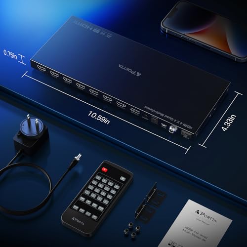 4K HDMI Multiviewer Switch 4x4 with PIP, PORTTA Quad Multi Viewer Seamless Switcher 4 in 4 Out with Toslink, 3.5mm Audio Output Support 4K 30Hz, 6 Viewing Modes, Downscaler for PS4/PC/DVD - style: HDMI multiview 4x4 4K@30Hz