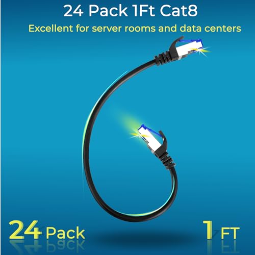 Rapink Patch Cables Cat8 1ft 24 Pack Slim, Cat8 Ethernet Patch Cable 40G Support, Snagless Cat 8 Patch Cable for Patch Panel to Switch, Flexiable Cat 8 Ethernet Cable Datacenter with Gold Plated - size: 1ft, style: 24 Pack