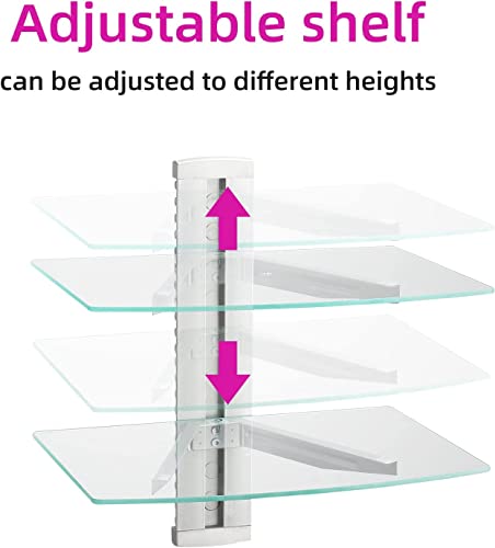 suptek 2 Tiers Glass Floating Shelves, Flat Black Wall Mount Bracket, AV Shelf, Media Shelf for DVD Player / PS4 / Cable Boxes/Game Consoles/Sky Box/TV Accessories, 17.6kg Load Capacity - color: Silver 2 Tiers