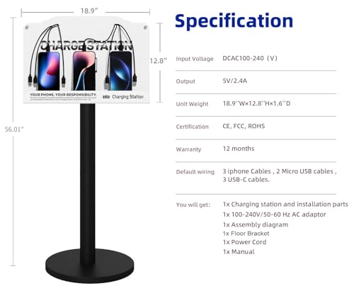 Floor Standing Cell Phone Charging Station with Fast Charigng Cables – 8 Device Charging Dock for Office, Hotel & Public Spaces | Compatible with iPhone ipad Smartphone Tablets Android Port (White) - color: White