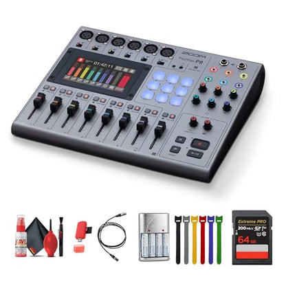 Zoom PodTrak P8 Portable Multitrack Podcast Recorder Bundle with 4X AA Batteries + Charger + Extreme PRO 64GB Memory Card + XLR Cable + Cleaning kit + 6 Pack Wire Straps + Diginerds USB Card Reader