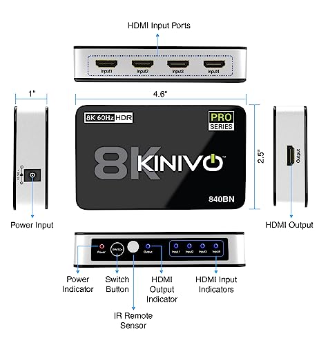 Kinivo 8K HDMI Switch (8K 60Hz, 4 in 1 Out, 48Gbps HDMI 2.1 Hub, Ultra HD Switcher, HDR10+, Dolby Atmos) - Compatible with HDTV, Nintendo Switch 2, PS5, Xbox, Apple TV - size: 8K - 4 Port