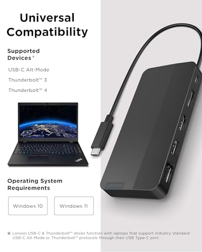 Lenovo USB-C Dual Display Travel Dock w/ 100W Power Adapter - 7 Ports, Integrated USB-C Cable, Universal Compatibility, Dual Displays at 4K - Black - style: USB 도크 + 어댑터