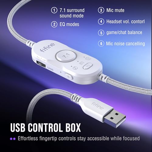 FIFINE AmpliGame H13WP USB Gaming Headset Wired, Customizable RGB Light | 50mm Drivers, Crisp 7.1 Surround, Soft Protain Leather, Detachable Mic, Game/chat Balance, for PC, Mac, PS4/5 - color: White and Purple