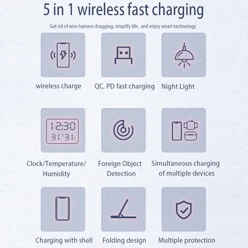 IHAO 5in1 Multi Functional Wireless Charging Station Digital Clock 15W Fast Charging Temperature Display Wireless Charger for All Qi Phone and TWS Headphone Compliant with Apple Watch-DH15 Black - color: 5in1 wireless Charger Station D15 Black