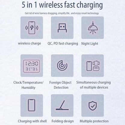 IHAO 5in1 Multi Functional Wireless Charging Station Digital Clock 15W Fast Charging Temperature Display Wireless Charger for All Qi Phone and TWS Headphone Compliant with Apple Watch-DH15 Black - color: 5in1 wireless Charger Station D15 Black