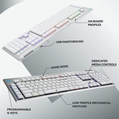 Logitech G815 LIGHTSYNC RGB Mechanical Gaming Keyboard with Low Profile GL Tactile Key Switch, 5 programmable G-Keys,USB Passthrough, Dedicated Media Control, Black and White colorways - color: White, size: Full Size, style: Wired