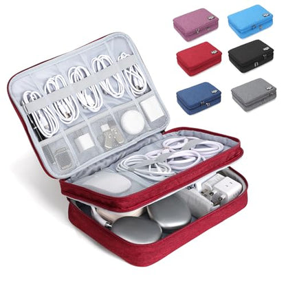 Electronic Organizer Travel Case, Double Layer Cable Organizer Bag | Double-layer design with adjustable dividers, mesh pockets and elastic loops for chargers, cables, power banks and gadgets - color: red