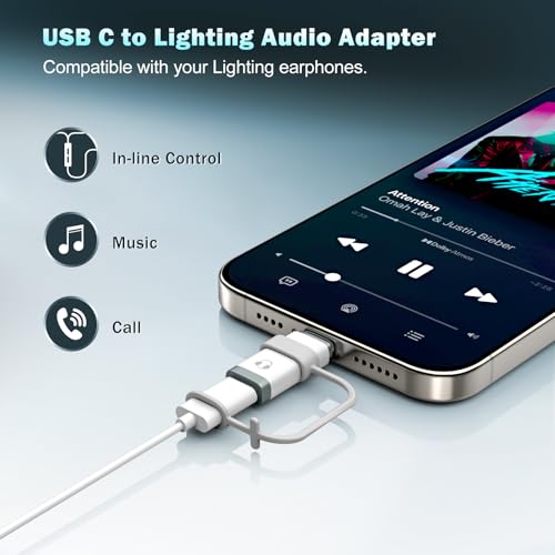TiMOVO Lighting to USB C Audio Headphone Adapter with Line Control, White | Lighting to USB C Earphone Adaptor for iPhone 17/16/15 Series, iPad Air/Pro/Mini, Not for Charging and Data Transfer - color: White