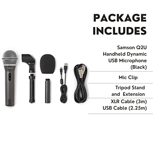 SAMSON Q2U USB/XLR Dynamic Microphone Recording and Podcasting Pack (Black) | For recording and podcasting