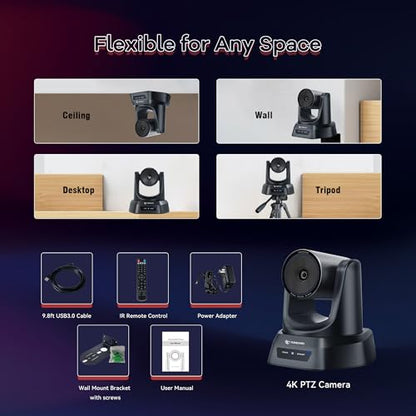 TONGVEO PTZ Camera 4K UHD AI Auto Tracking 3X Optical Zoom HDMI/USB3.0 Video Conference Camera for Church Worship Live Streaming Meeting Online Learn with Zoom YouTube OBS and More - color: Abyss