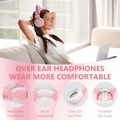 Cat Ear Bluetooth Headphones for Kids Adult, LED Gaming Headset | Toddler Girl Headphones, Bluetooth Over Ear Headphones with Microphone,Foldable,Phone/PC/Tablet/TV Compatible,Pink - color: Pink