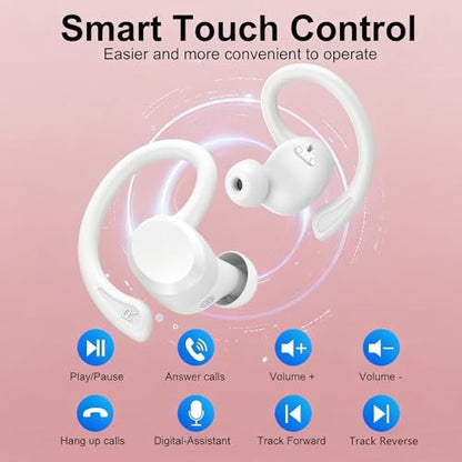 sprtoybat Wireless Earbuds, 2026 New Bluetooth 5.4 Headphones Sport Earphones with 68Hrs Playtime LED Display ENC Noise Cancelling Mic, IPX7 Waterproof Over Ear Ear Buds with Hook for Sports/Running - color: Elegant White