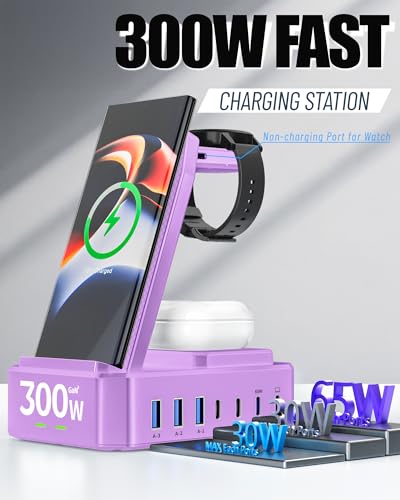 300W Wireless Charger for Samsung,Zutspzss 10 in 1 Wireless Charging Station, 65W USB C Fast Charging Stand for Samsung S25 Ultra/S24/S23/S22/Z Fold,Galaxy Watch Ultra7/6/5,Galaxy Buds,Purple - color: Purple