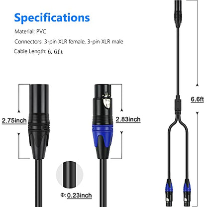 LanSenSu Male to Dual XLR Y-Splitter, 6.6ft 3pin to Dual XLR Male Balanced Mic Audio Cable (1Pack) - size: 6.6ft