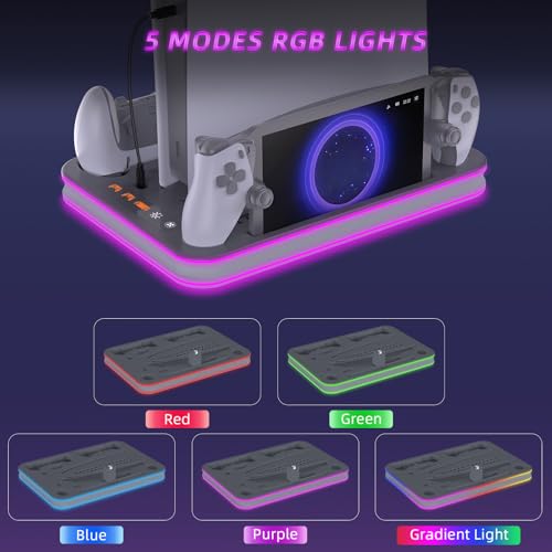 PS Pro Cooling Station, Portal Charger, Dual Controller Dock & RGB Lights | Magnetic Portal dock and dual controller chargers show status; set console USB power to Always for charging in rest mode - color: Gray