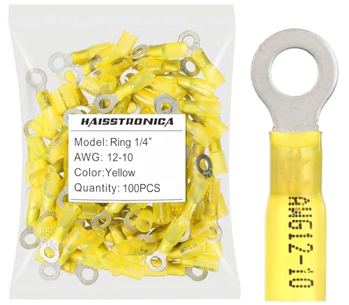 haisstronica 100PCS Heat Shrink Ring Terminals, 12-10 AWG, 1/4 in, Yellow | Battery and Ground Stud Connections, 1.0 mm Copper Barrel, 3:1 Adhesive-Lined Seal, Automotive Wiring Repairs, Ring Connector - color: Yellow, size: Ring 1/4"