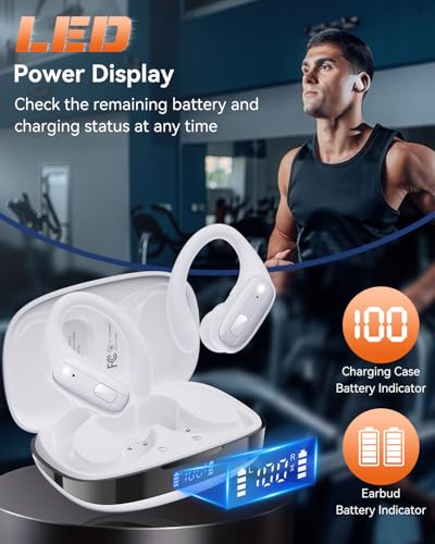 LEEMC Wireless Earbuds, Bluetooth Headphones 5.4, 80Hr Playtime Ear Buds with Hooks for Sports, Noise Canceling, LED Display, IPX7 Waterproof Earphones for Workout Running, Purewhite