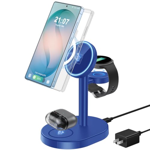 Hevanto 3 in 1 Wireless Charger for Samsung Galaxy, 15W Magnetic Super Fast Charging Station for MagSafe Samsung Galaxy S26 Ultra S25 S24 S23 Fold Flip 8 Watch 8 7 Buds, Blue Not for Watch 9/Ultra 2 - color: DeepBlue