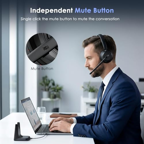 Mopchnic Bluetooth Headset with Microphone, Wireless Office Headset, ENC Noise Cancelling, USB Dongle, Charging Base, One-Tap Mute, 50H Talk Time for Zoom Teams, Call Center, Online Class